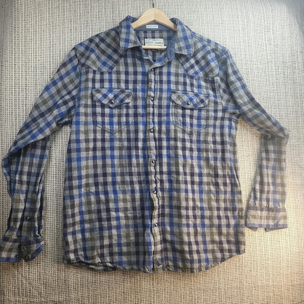 Cody James Shirt Mens Large Blue Gray‎ Plaid Western Regular Fit Long Sleeve